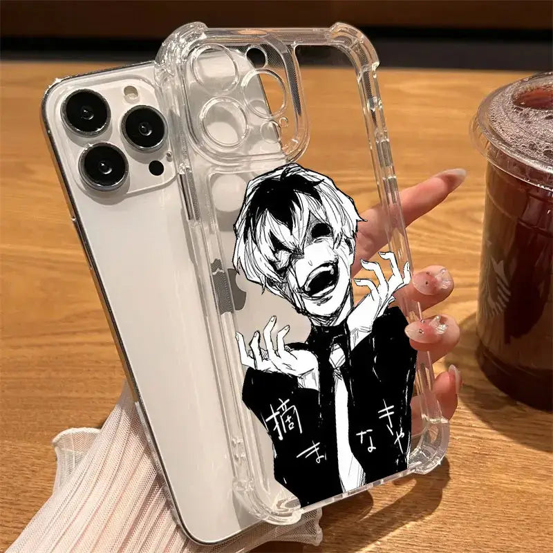 Clear soft silicon phone case for iphone featuring black and white anime ghouls hot phone design with japanese text