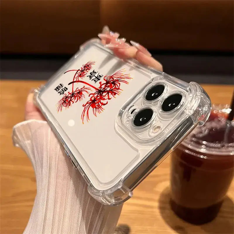Clear silicon phone case with red spider lily design and black calligraphy for tokyo ghouls hot phone case