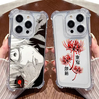 Two transparent silicon phone cases with black and white anime ghoul design and red spider lilies for iphone back side