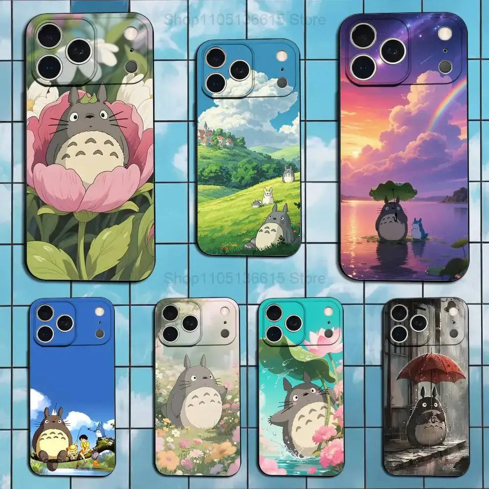 A collection of colorful totoro phone cases featuring soft silicone black covers with scenic illustrated designs on the back side
