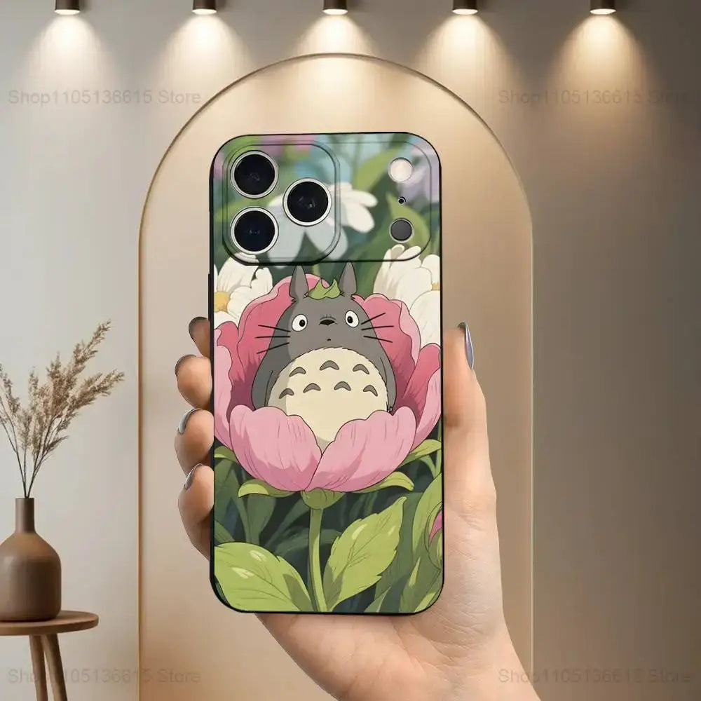 Soft silicone totoro t totoro phone case with pink and green floral pattern featuring totoro nestled inside flower