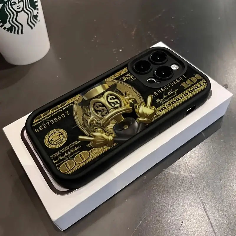 Black usd dollar phone case with gold dollar bill design and golden anime character soft tpu back cover shown