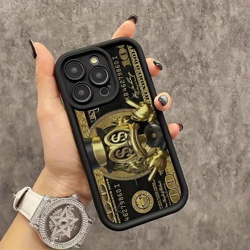 Black usd dollar phone case with gold dollar bill design and 3d golden money embellishment soft tpu back view