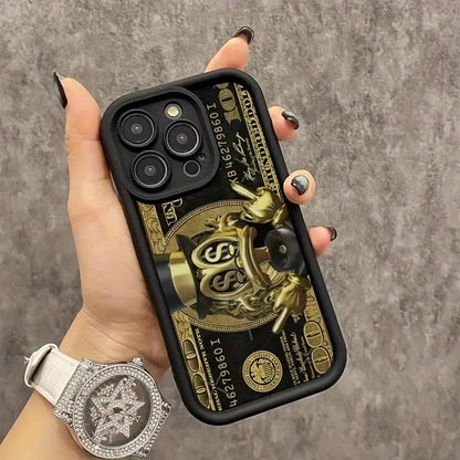 Black usd dollar phone case with gold dollar bill design and 3d golden money embellishment soft tpu back view