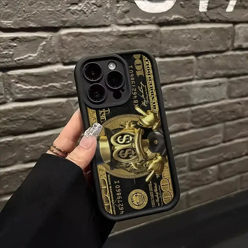 Black soft tpu phone case featuring usd dollar bill design with raised 3d dollar signs on the back for iphone models