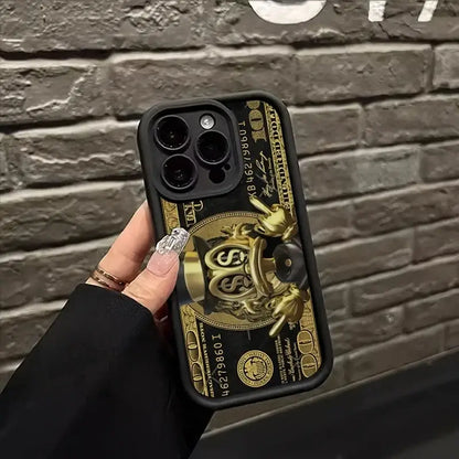 Black soft tpu phone case featuring usd dollar bill design with raised 3d dollar signs on the back for iphone models