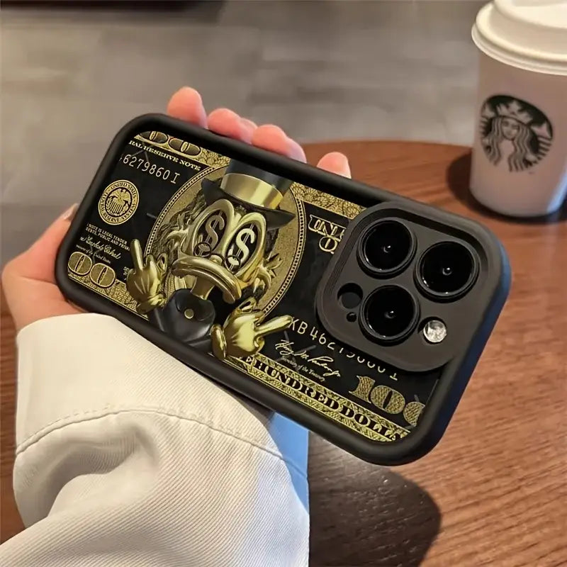 Black soft tpu usd dollar phone case featuring donald duck with a top hat and dollar bill design on the back side