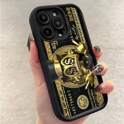 Black soft tpu phone case with gold usd dollar bill design and 3d golden money-themed pop-up stand back view