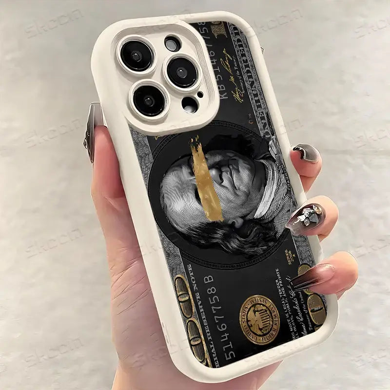 White usd dollar anime phone case with black and gold benjamin franklin design soft tpu back cover