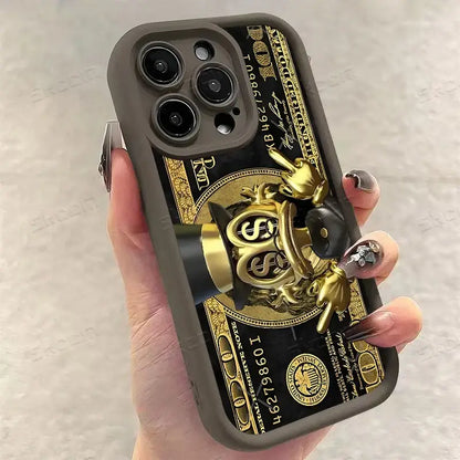 Back side of a black and gold usd dollar phone case with a soft tpu back cover and 3d golden money hand grip
