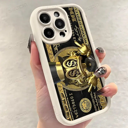 Black and gold usd dollar anime phone case with soft tpu back cover and 3d golden money bag charm on back side