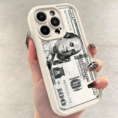 White phone case with detailed black and white usd dollar print soft tpu back cover shown from the back side