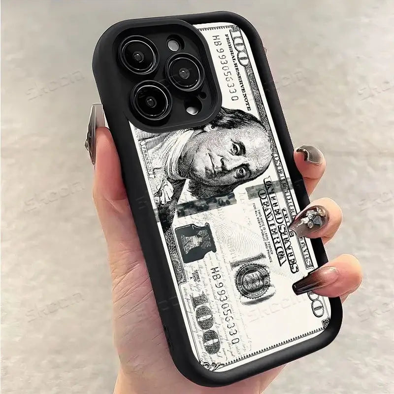 Black usd dollar phone case with detailed hundred dollar bill print soft tpu back cover shown from the back side