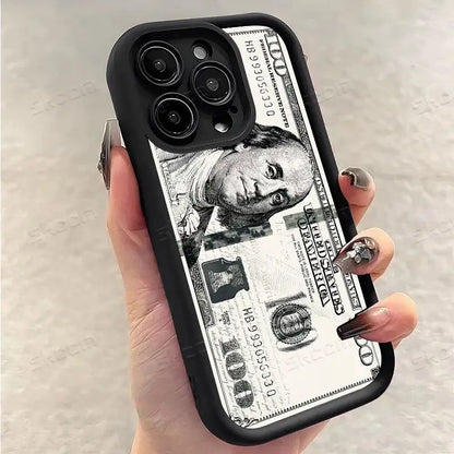 Black usd dollar phone case with detailed hundred dollar bill print soft tpu back cover shown from the back side