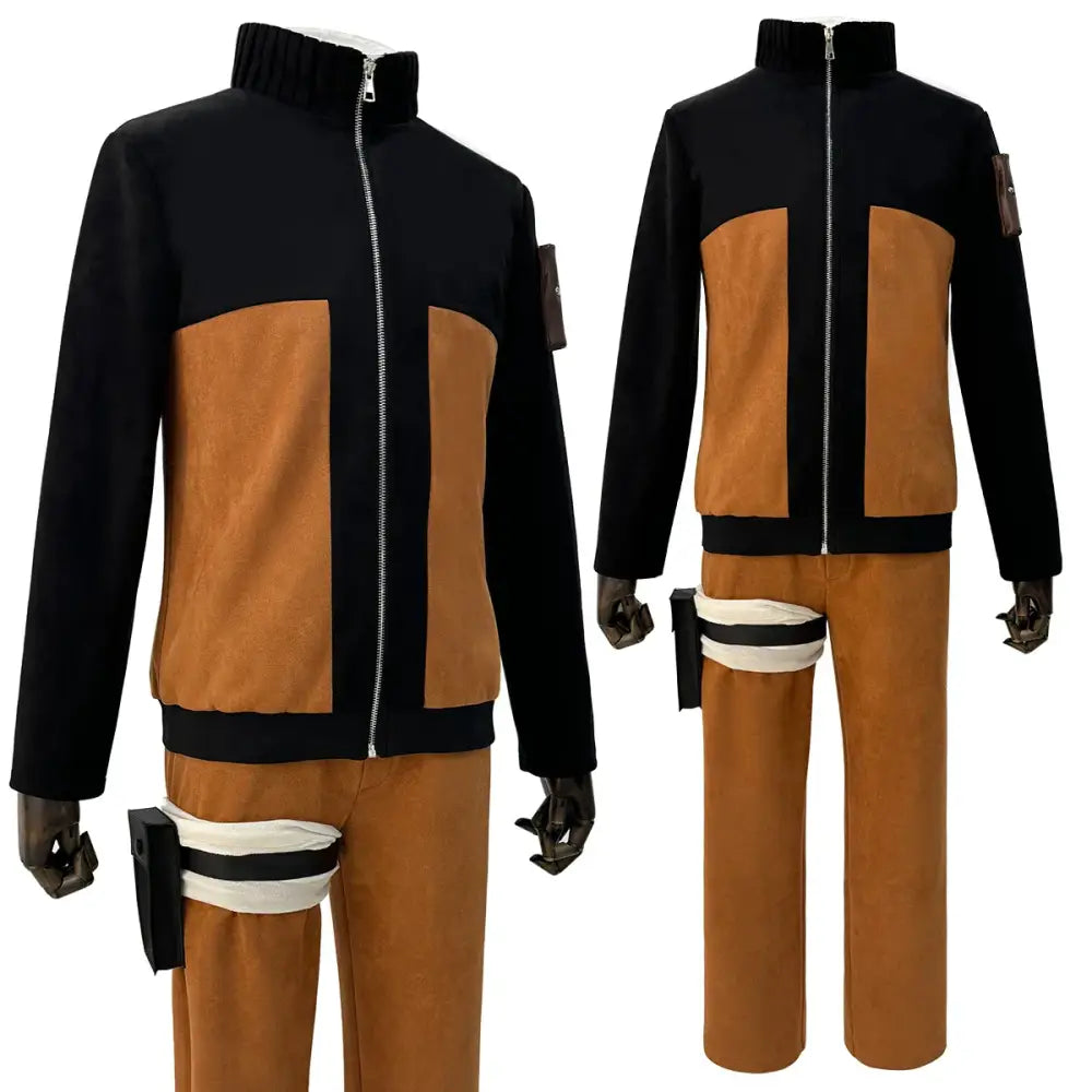 Black and tan uzumaki naruto cosplay costume adult with zip-up jacket, contrasting panels, matching pants, and white-striped belts