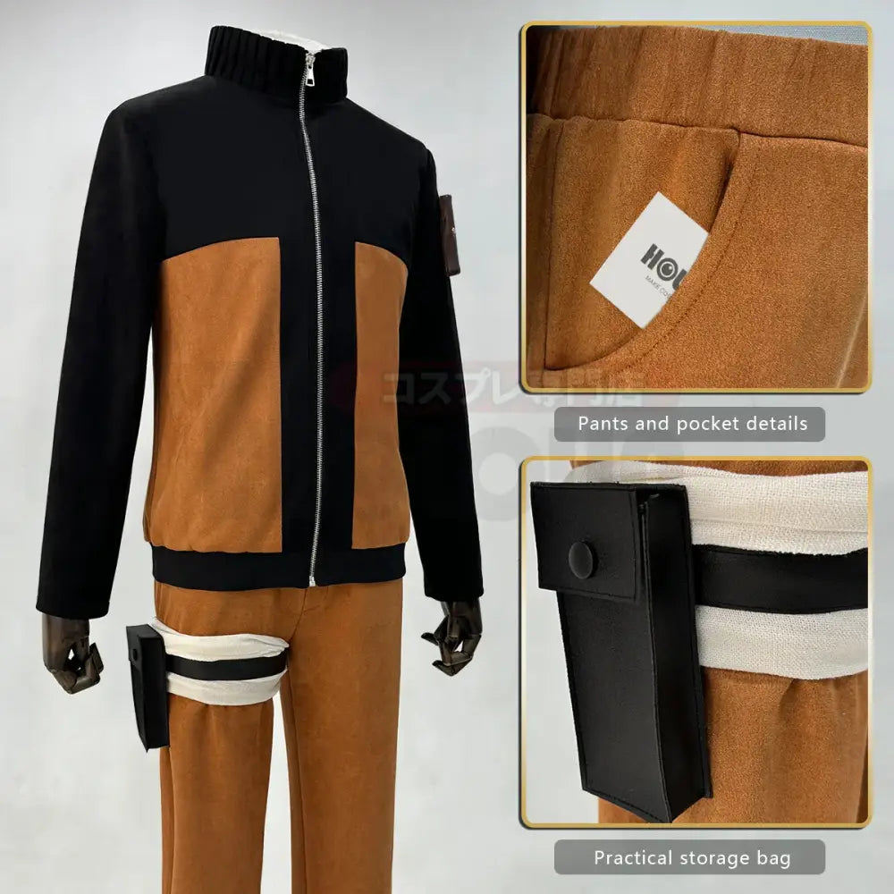 Black and tan two-tone Uzumaki Naruto cosplay costume adult with high collar jacket and matching striped pants