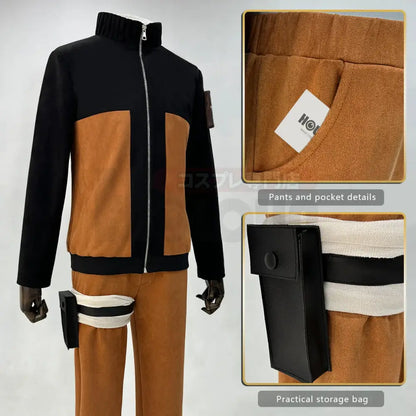 Black and tan two-tone Uzumaki Naruto cosplay costume adult with high collar jacket and matching striped pants