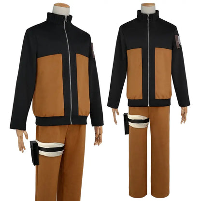 Black and tan two-piece uzumaki naruto cosplay costume adult version with high collar zipper and distinctive bands