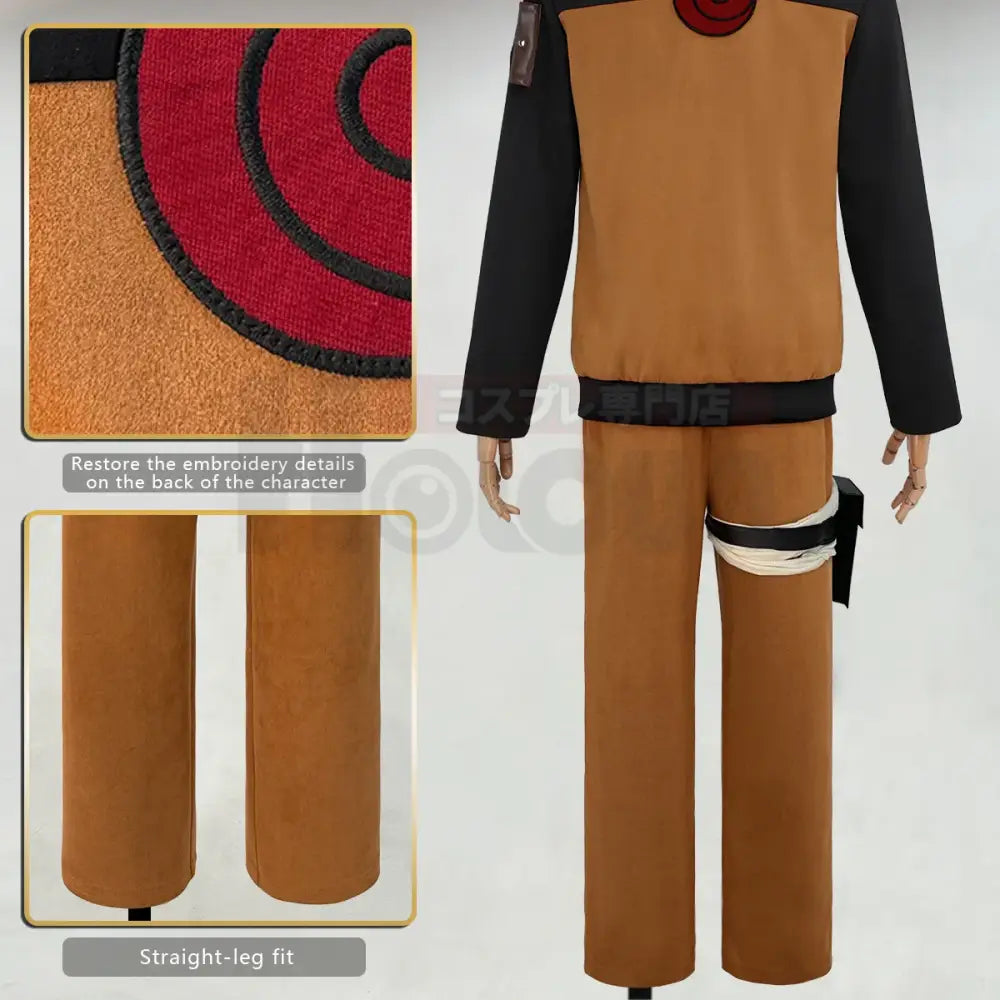 Tan and black naruto uzumaki cosplay costume adult version with red spiral embroidery on chest for cosplay costume adult use