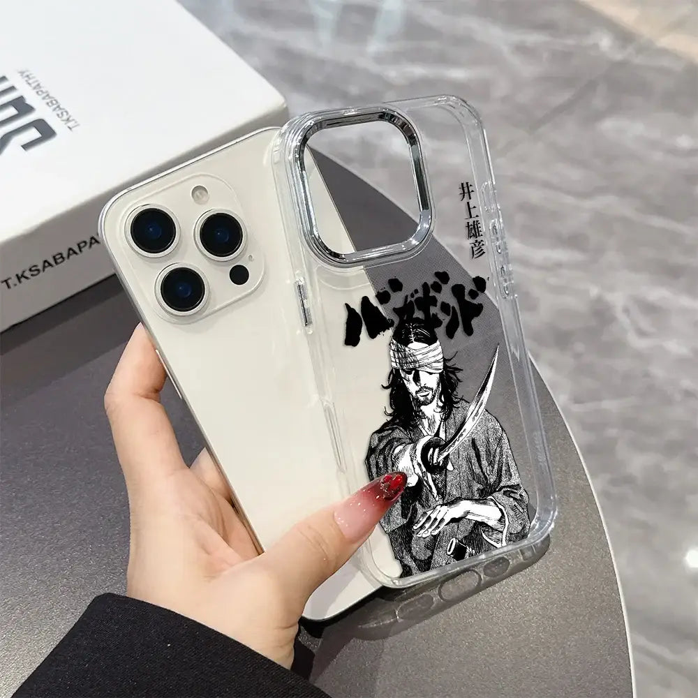 Clear transparent soft cover phone case with black-and-white kenshin illustration and vertical japanese text on back side