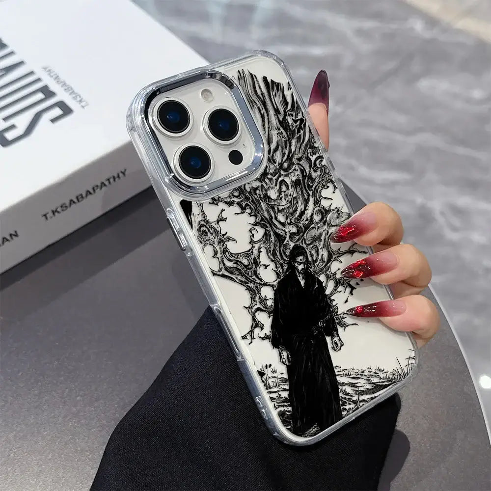 Back of vagabond samurai phone case with black and white gothic figure under twisted branches on transparent soft cover