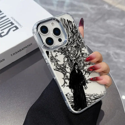 Back of vagabond samurai phone case with black and white gothic figure under twisted branches on transparent soft cover