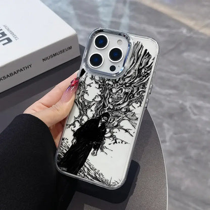 Clear vagabond samurai phone case soft cover with black and white intricate figure under tree design back side transparent soft cover
