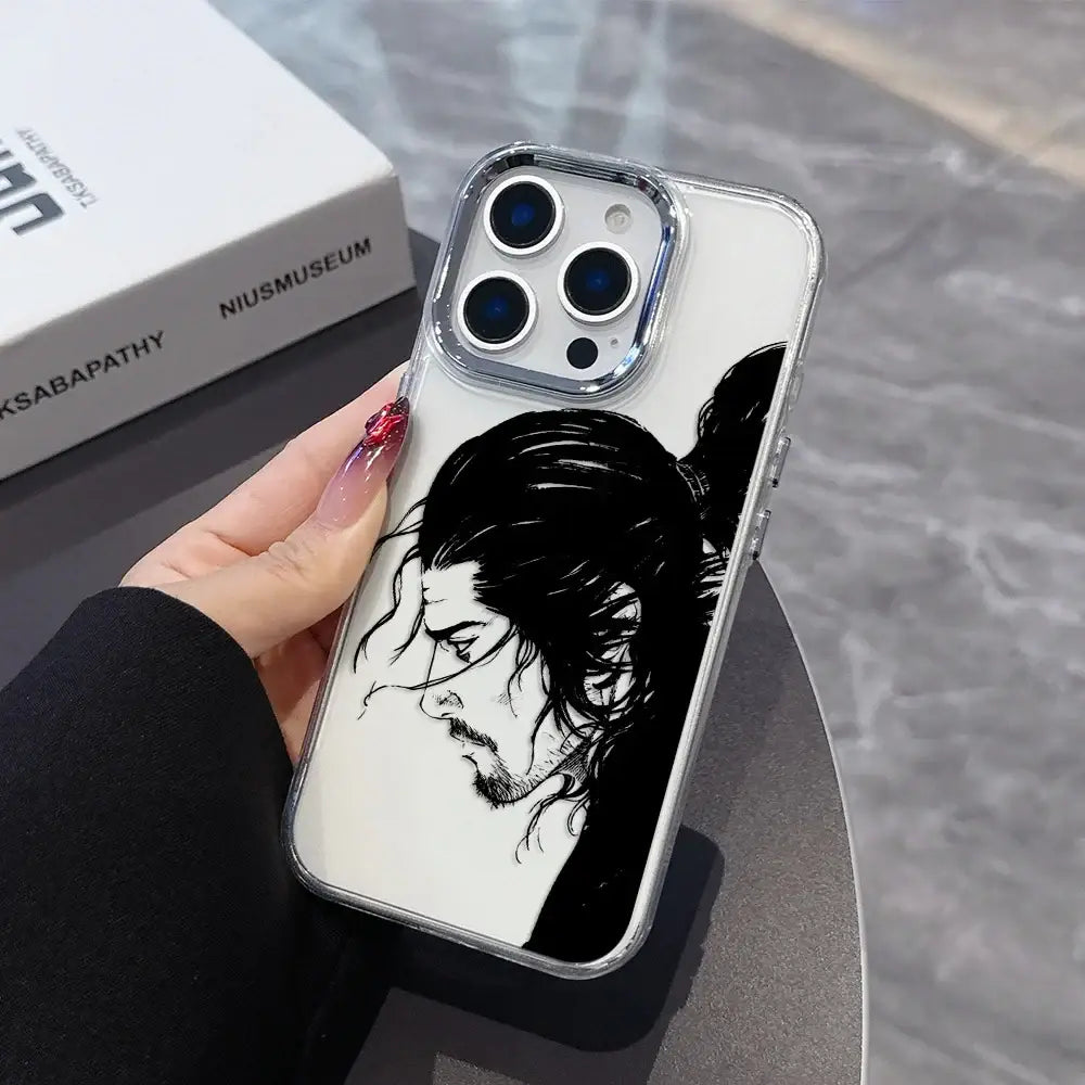 Back side of vagabond samurai phone case with transparent soft cover featuring black and white illustrated portrait