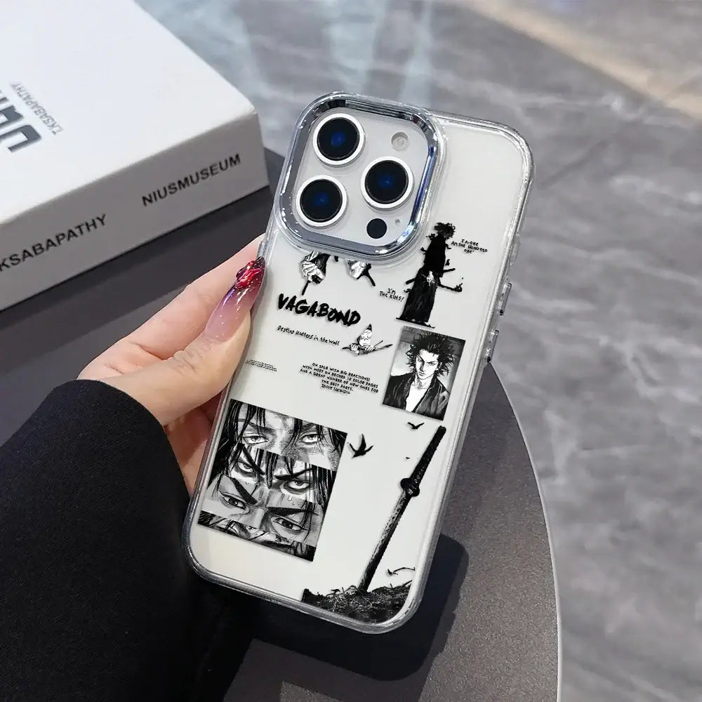 White vagabond samurai phone case with black anime illustrations and transparent soft cover bumper on back side