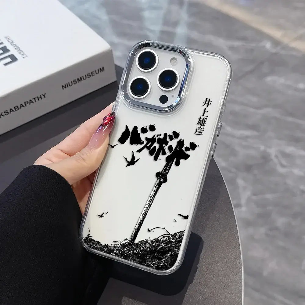 Back of white vagabond samurai phone case with black ink sword and birds illustration and japanese text on transparent soft cover