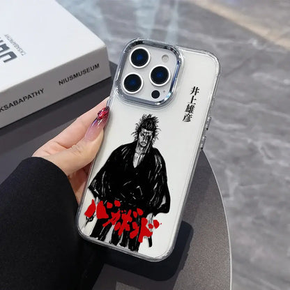 White transparent soft cover phone case with black ink illustration of ippo from berserk and red splatter accents