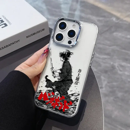 Clear vagabond samurai phone case with black-and-white samurai illustration and red japanese text on transparent soft cover
