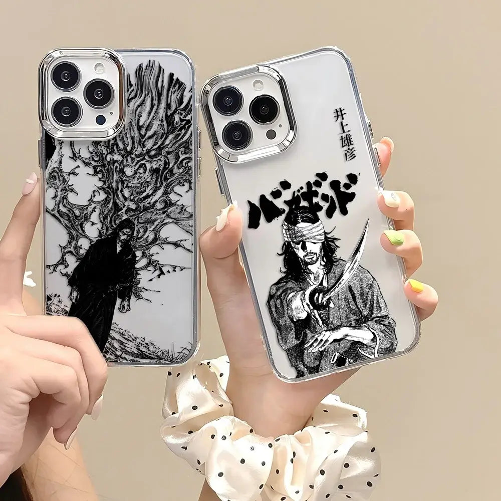 Two clear phone cases with black-and-white anime art featuring a tree and blindfolded swordsman in transparent soft cover