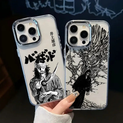 Two clear vagabond samurai phone cases with black and white anime art on transparent soft cover backs