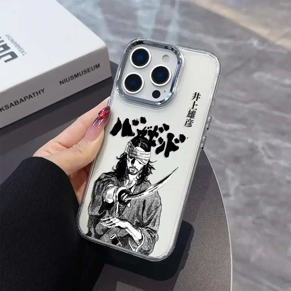 White samurai phone case with black ink illustration and japanese text on transparent soft cover back side