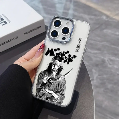White samurai phone case with black ink illustration and japanese text on transparent soft cover back side