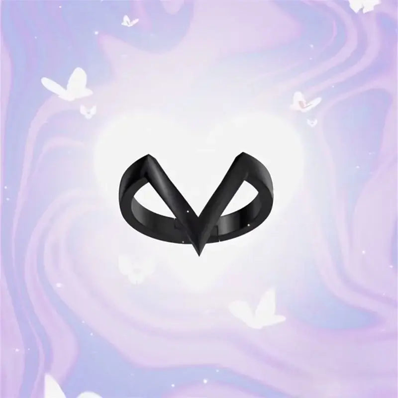 Black infinity symbol ring with sleek glossy finish part of valorant clove adjustable ring set cosplay accessory