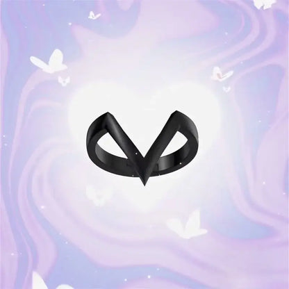 Black infinity symbol ring with sleek glossy finish part of valorant clove adjustable ring set cosplay accessory