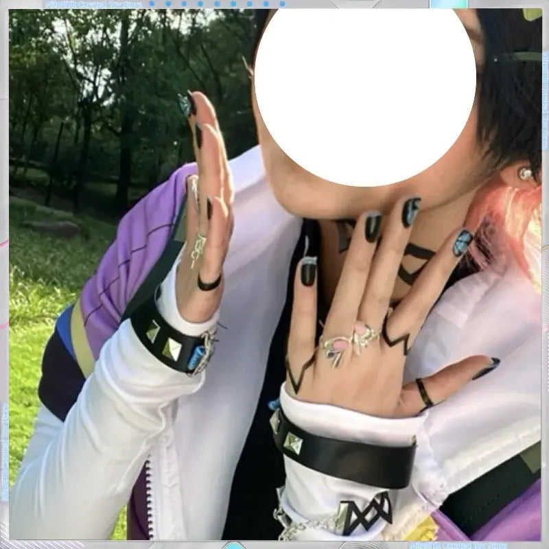Black studded wristband with silver metallic accents and blue detail from valorant clove adjustable ring set cosplay accessory