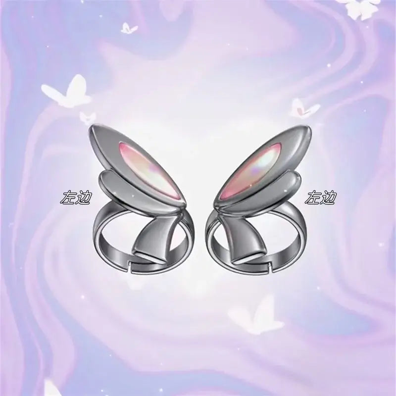 Silver butterfly-shaped valorant clove adjustable ring set with iridescent pink and white inner panels cosplay accessory
