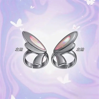 Silver butterfly-shaped valorant clove adjustable ring set with iridescent pink and white inner panels cosplay accessory