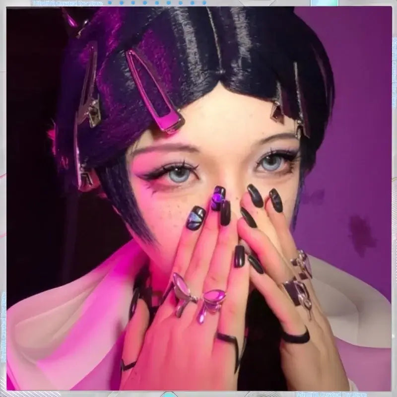 Person with black sleek bob hair wearing metallic pink and silver clips showcasing valorant clove adjustable ring set cosplay accessory