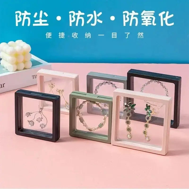 Set of six square acrylic jewelry display boxes in black white and sage green frames for valorant clove ring set