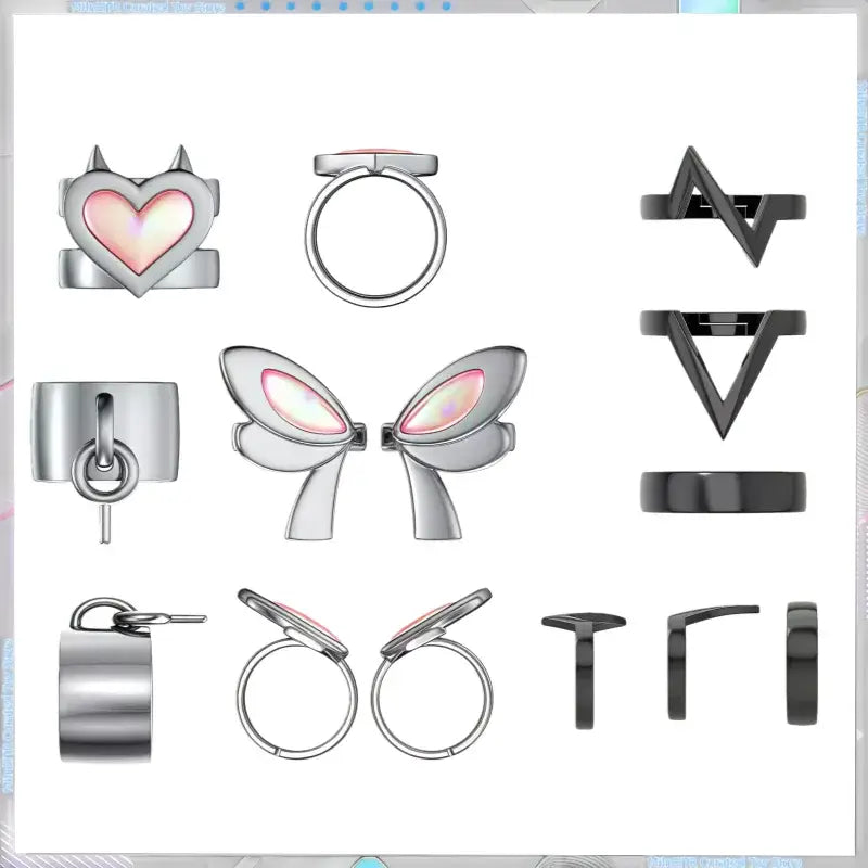 Valorant clove adjustable ring set featuring silver and black metal rings with pink opal inlays for cosplay accessory