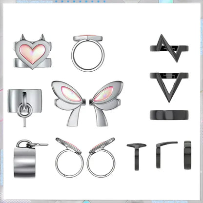 Valorant clove adjustable ring set featuring silver and black metal rings with pink opal inlays for cosplay accessory
