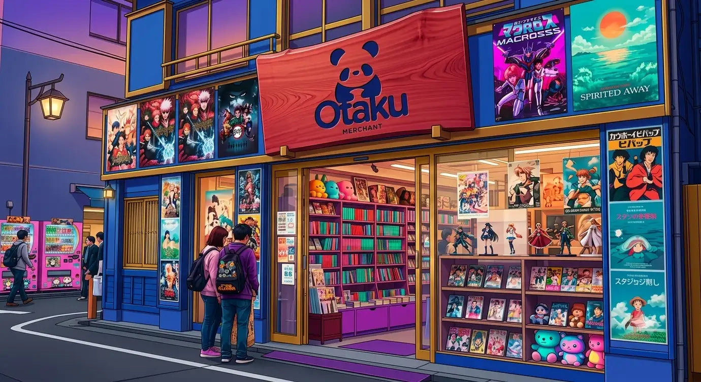 The vibrant red banner with a black panda logo and the word ’otaku’ in bold blue letters hangs prominently above the storefront.