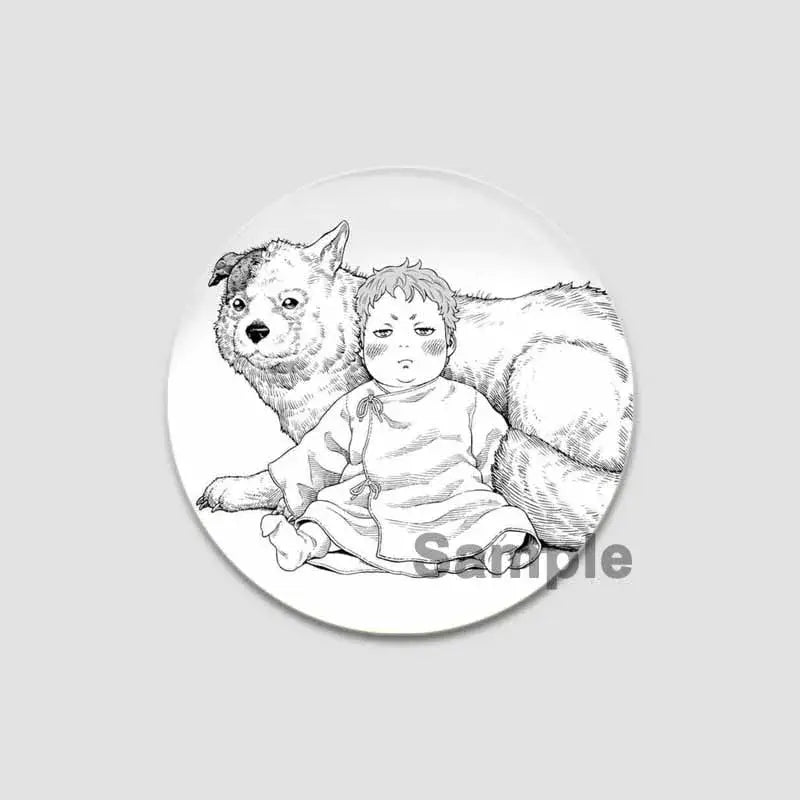White circular anime badge pin featuring a detailed black and white illustration of a child sitting beside a dog