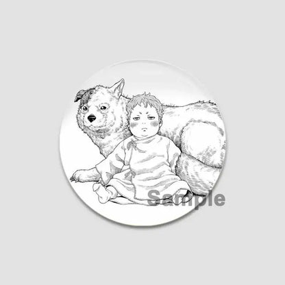 White circular anime badge pin featuring a detailed black and white illustration of a child sitting beside a dog
