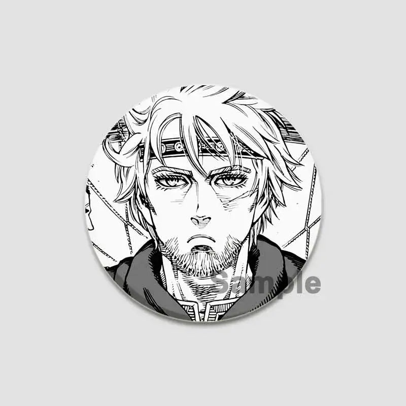 Circular black-and-white anime badge pin featuring detailed line art of bearded man with spiky hair on tinplate plastic