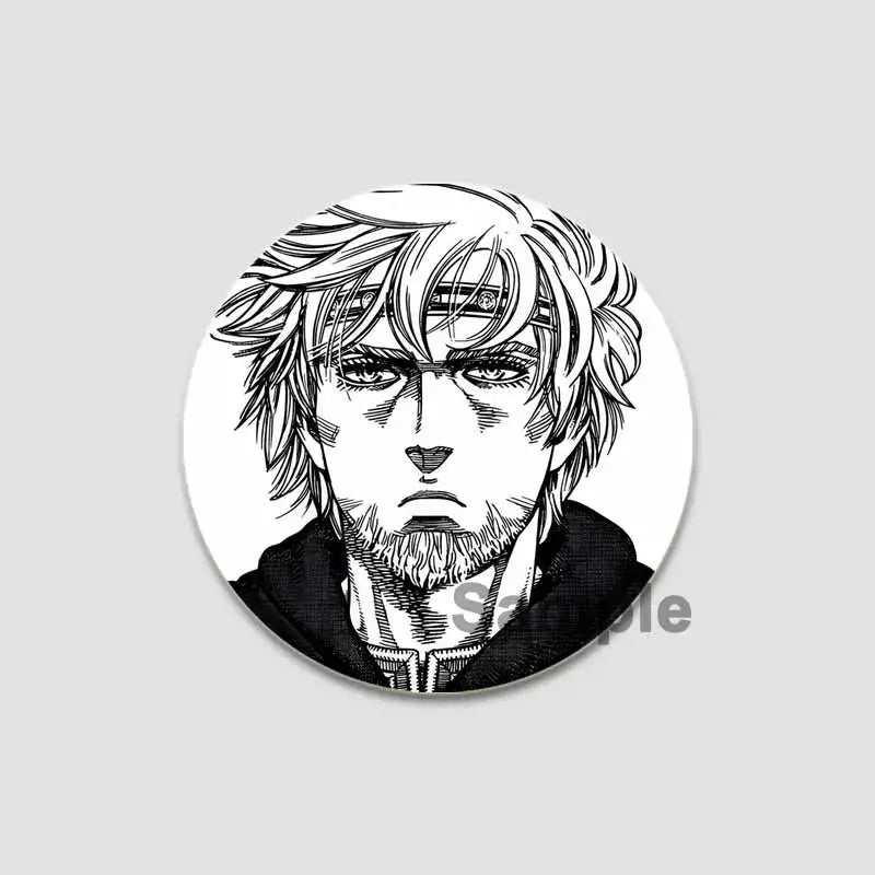 Black-and-white illustrated anime badge pin featuring detailed spiky-haired character in tinplate plastic badge pin